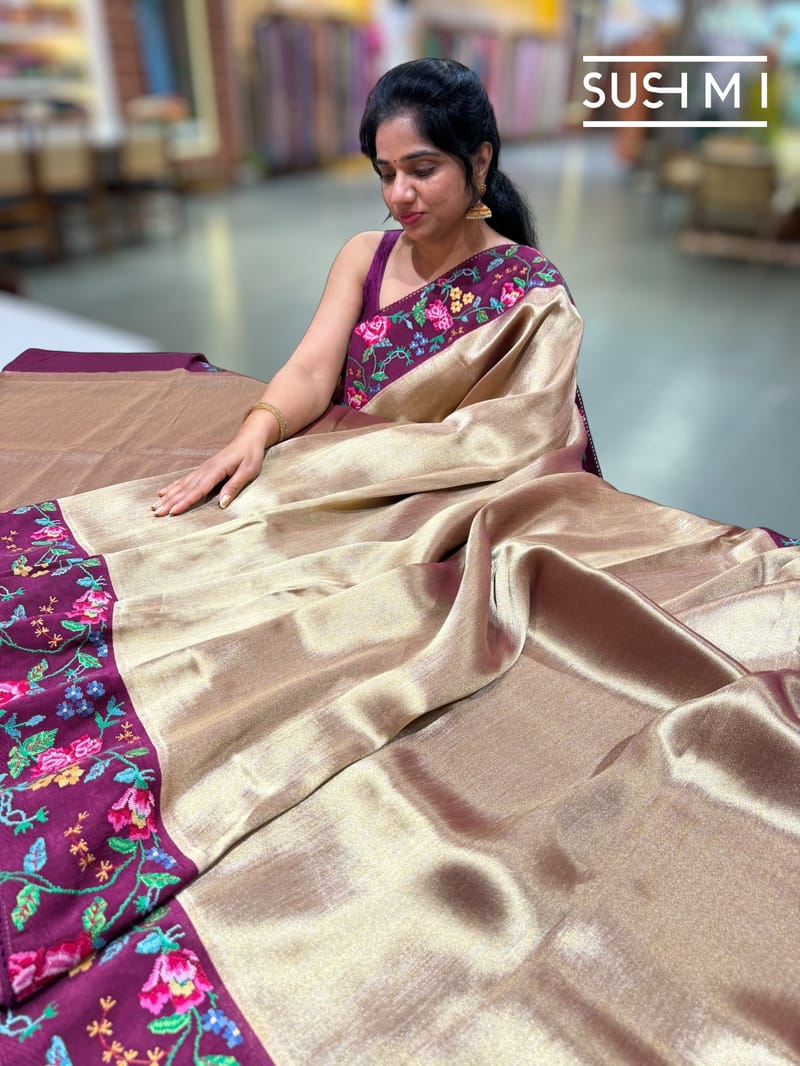 Wine Banarasi Tissue with petite point embroidery: S62F190