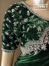 Bottle Green Micro Velvet Saree with heavy handwork