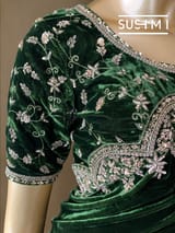 Bottle Green Micro Velvet Saree with heavy handwork