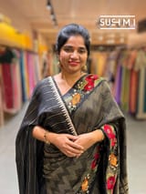 Black mysore silk with embroidered border S62F060