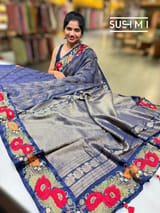 Midnight Blue mysore silk with embroidered border S62F061