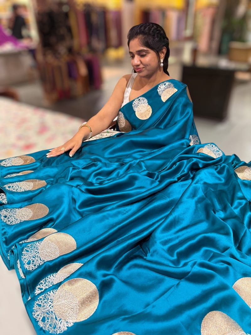 Teal Blue Pure Satin Saree with embroidered border and blouse
