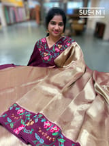Wine Banarasi Tissue with petite point embroidery: S62F190