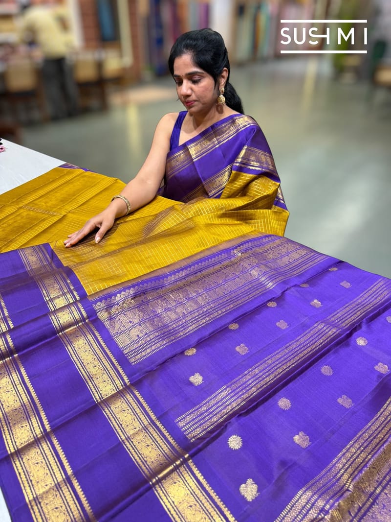 Olive Gold Vintage checks kanjeevaram Saree