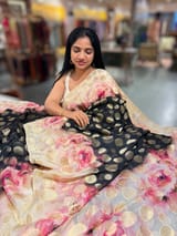 Black Banarasi Kora Gorgette Polka dot Printed Saree SS5056