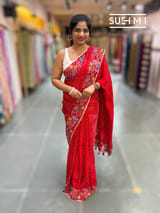 Bright Red Pure Gajji Silk Rai bandhej Saree with petite point embroidery