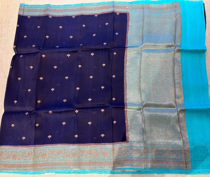 Purplish navy with blue Combo Pure Handloom premium Kora Banarasi  Saree