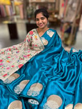 Teal Blue Pure Satin Saree with embroidered border and blouse