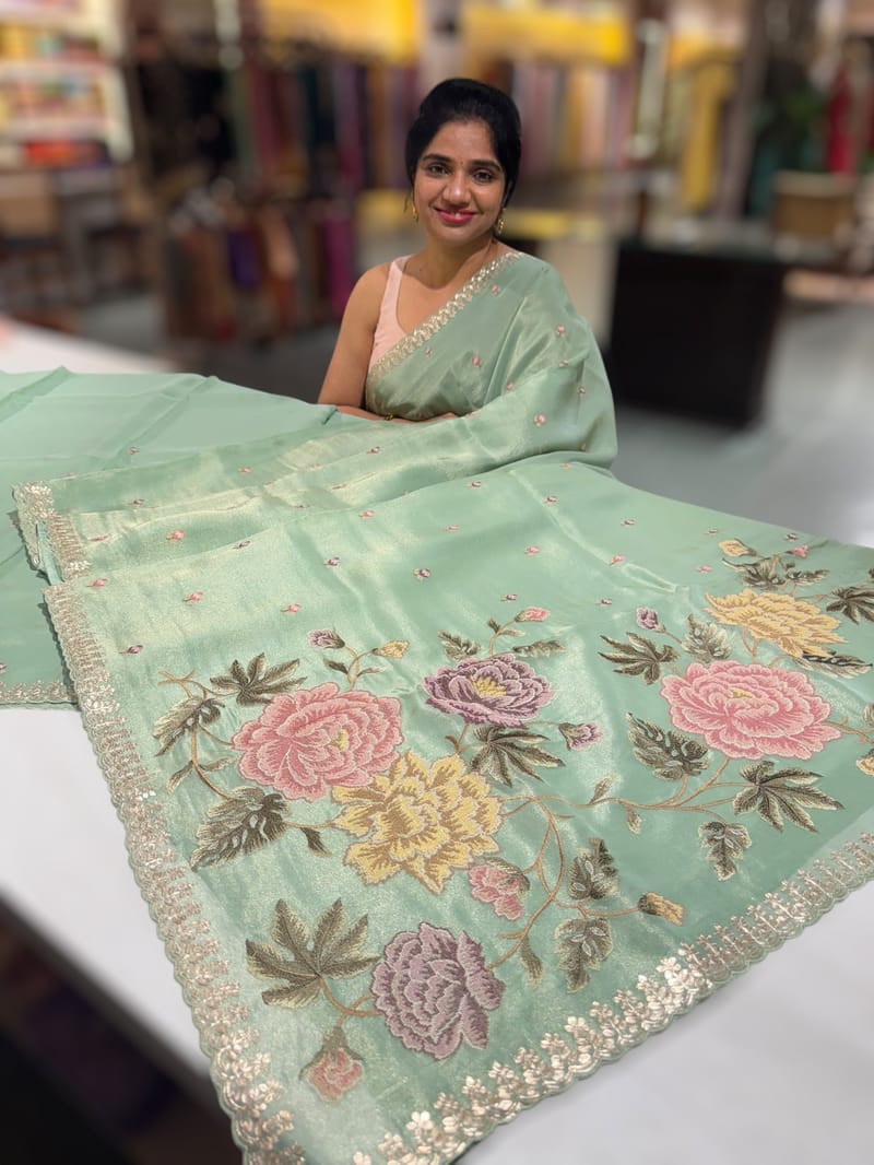 Mint Tissue Georgette Saree with petite point emb SS50111