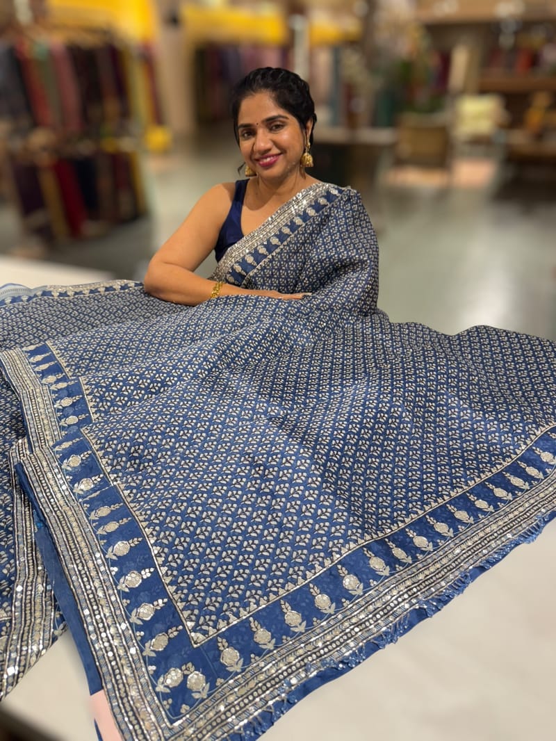 Kareena Kapoor Inspired Indigo Pure Organza Printed Saree with Handwork border and Blouse SS50313