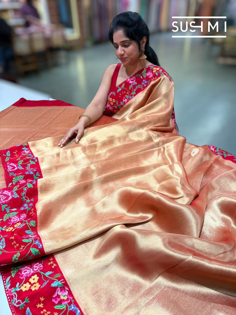 Red Banarasi Tissue with petite point embroidery: S62F186