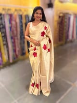 Ivory Kanjeevaram Brocade Saree With Hibiscus Floral bunches embroidery SS50195