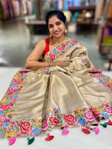 Beigish Taupe Green Kanchi Brocade Tissue Saree with Petite Point Embroidered Border SS50141