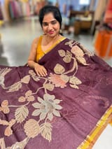 Dark Wine Designer Organza with Tissue applique work