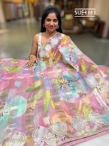Dusty Pink Printed Organza Tissue stripes saree with embroidery