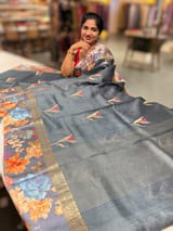 Elephant Grey Tussar Dhupion Saree with Floral printed mashru borders SS50463