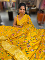 Mango Yellow Mashru Banaras with petite Point embroidery