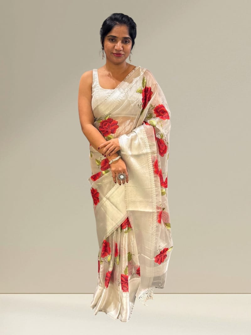 Silver tissue saree with embroidery