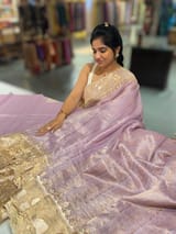Lilac Mul Tissue Stripes Saree With Tissue Cutwork  Border & Blouse
