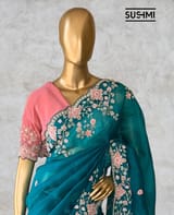 Peacock Green Pure Organza heavy handwork saree