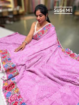 Lilac Pink Pure Gajji Silk Rai bandhej Saree with petite point embroidery