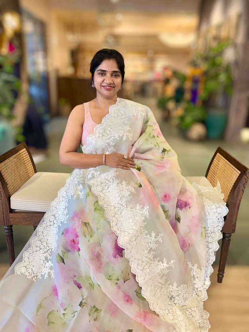 Ivory Printed Organza Saree With Chantilly Lace Style Embroidered Border. SS50317