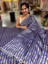 Purplish Blue Handloom Mul Tissue Stripes Saree with fusion blouse SS50408