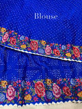 Electric Blue Pure Gajji Silk Rai bandhej Saree with petite point embroidery