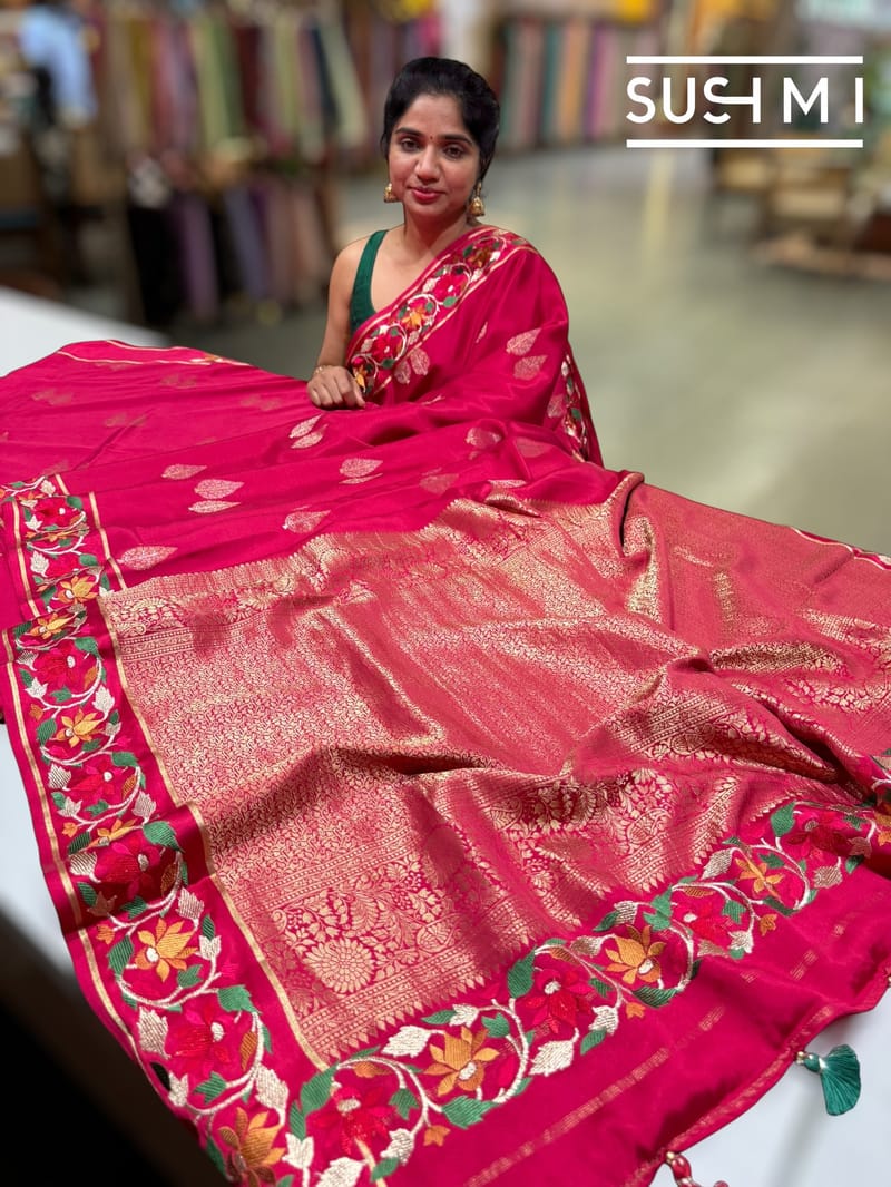 Ruby Pink mysore silk with embroidered border S62F112