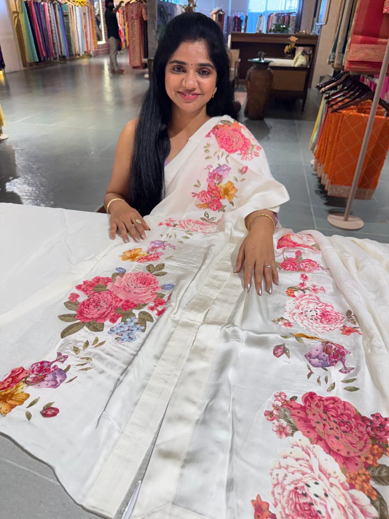 Halfwhite Designer Chinnon & Satin Fusion Saree SS5032