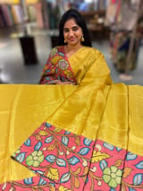 Lime Yellow gold Handloom Tissue & Pen kalamkari fusion Saree