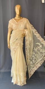 Pastel Yellow Organza Saree with tissue cutwork Rose border