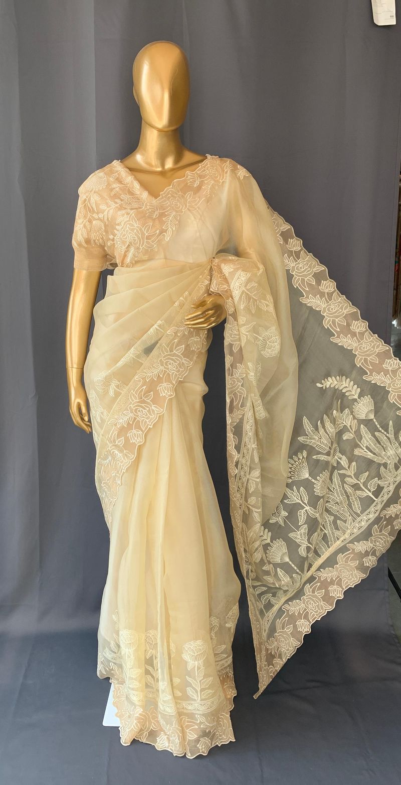 Pastel Yellow Organza Saree with tissue cutwork Rose border