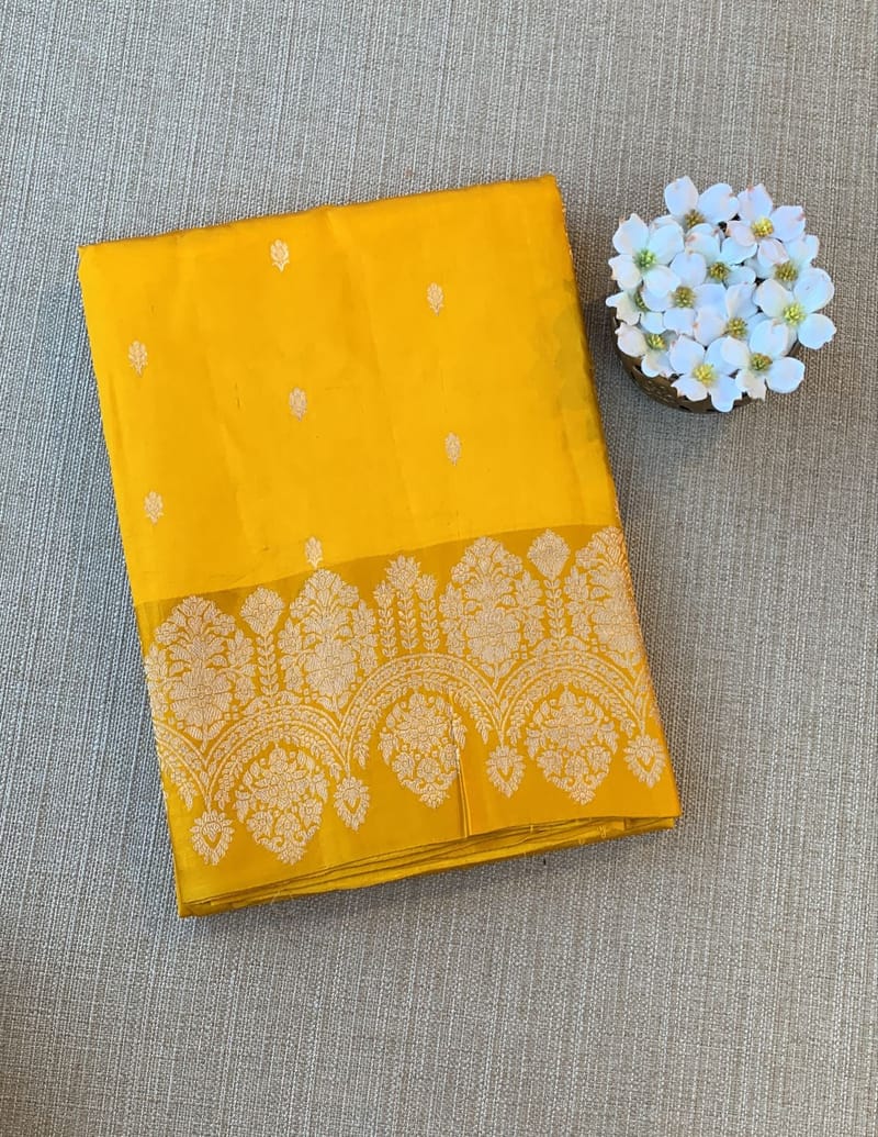 Yellow Poona Silk Saree with heavy weaving open Mashru border