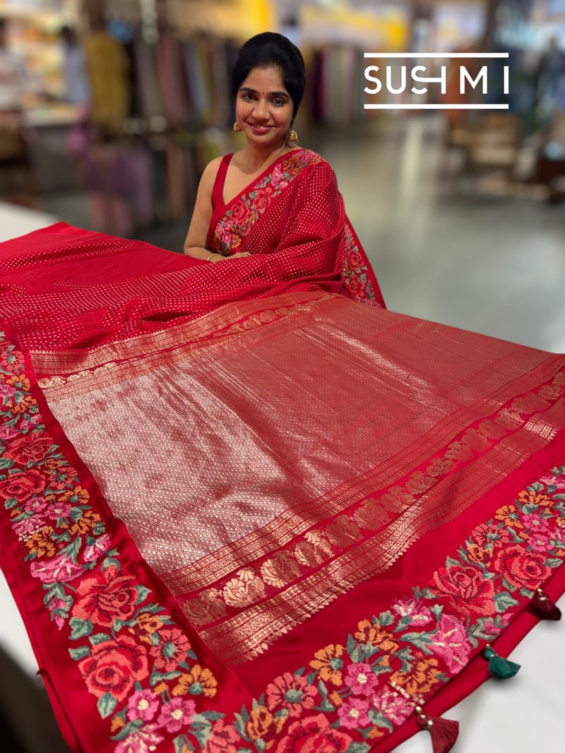 Chilli Red Mysore Silk Saree with petitepoint embroidery S62108