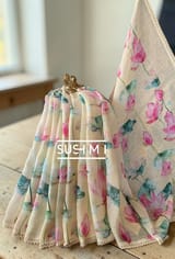Pure lenin saree with statement Pichwai Print