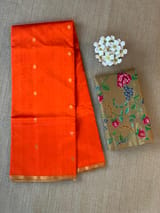 Orange Chanderi Pattu Silk Saree with Tissue allover petite point embroidered blouse SS50601