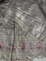 Greyish Silver Glass Organza Saree with allover embroidery SS50547