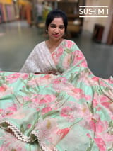 Seagreen printed georgette saree with handwork : S62F201