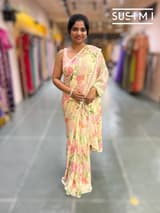 Pastel yellow printed georgette saree with handwork : S62F195