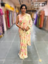 Pastel yellow printed georgette saree with handwork : S62F195