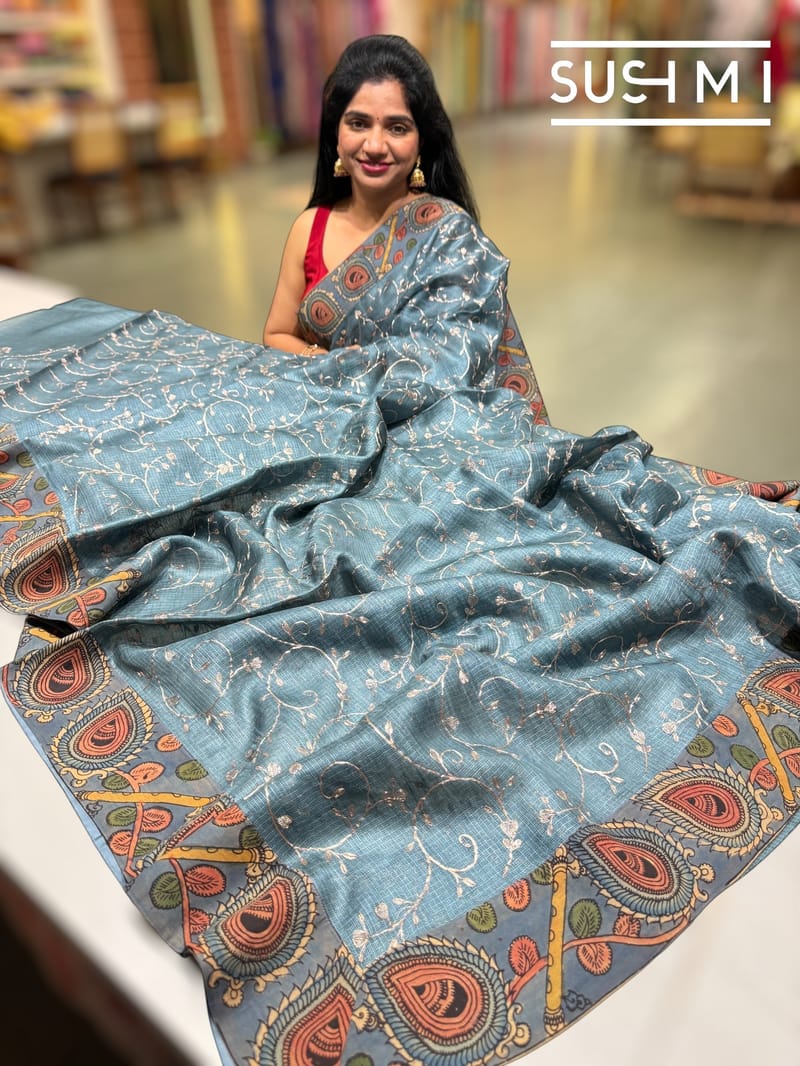 Dusty blue Silk kota and pen kalamkari fusion saree with pita emb
