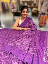 Brinjal Cambodian–inspired Ikkat Silk Saree with cutwork Rose Border SS50347