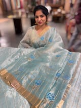 Pastel Blue checks tissue with allover rose embroidery