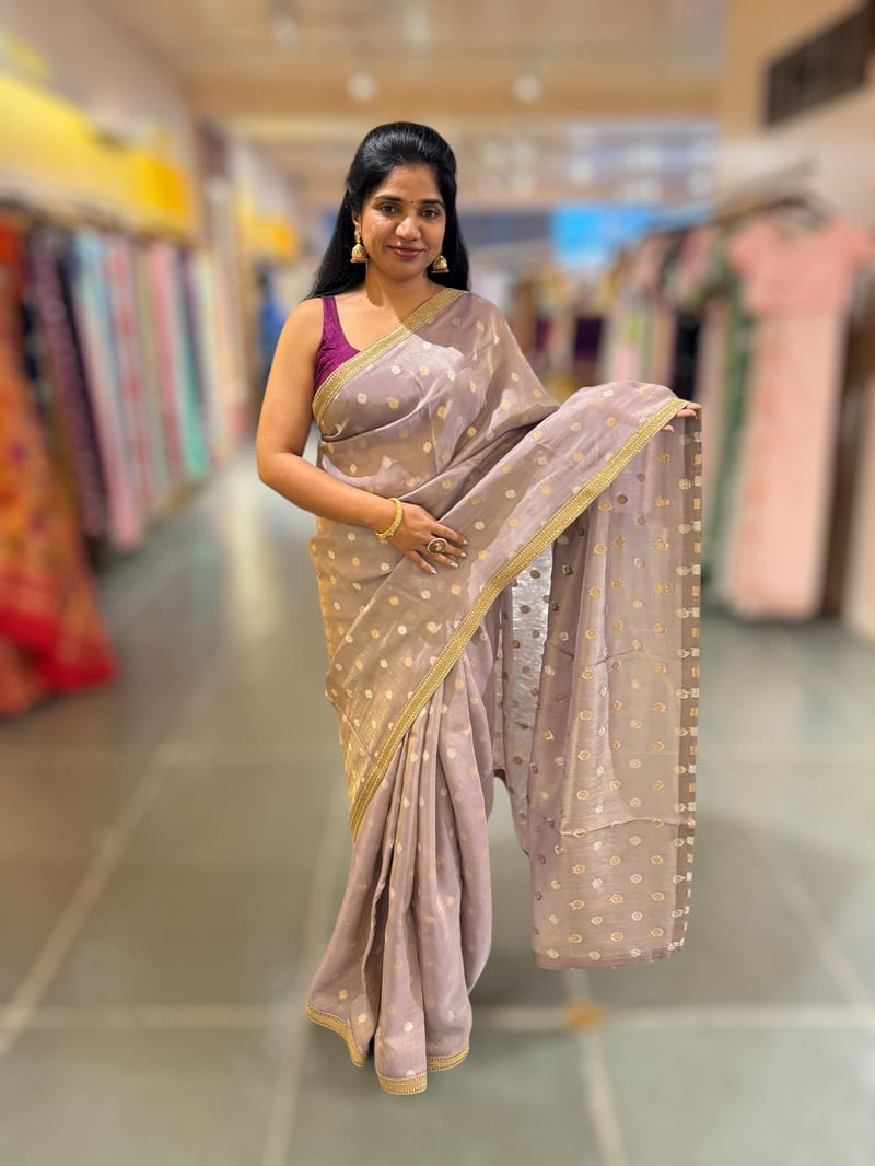 Dusty Lilac tissue Kota saree with sabyasachi borders and fancy Pythani tissue blosue SS50600