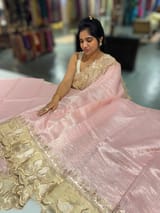 Pastel pink Mul Tissue Stripes Saree With Tissue Cutwork  Border & Blouse