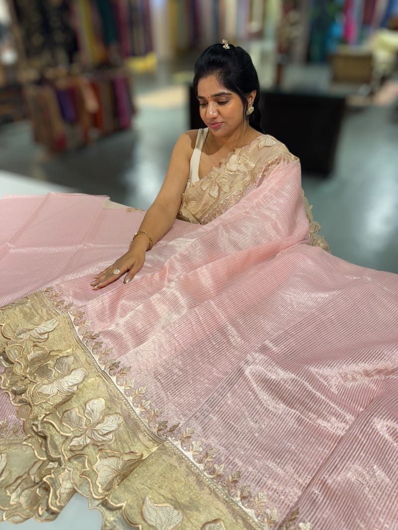 Pastel pink Mul Tissue Stripes Saree With Tissue Cutwork  Border & Blouse