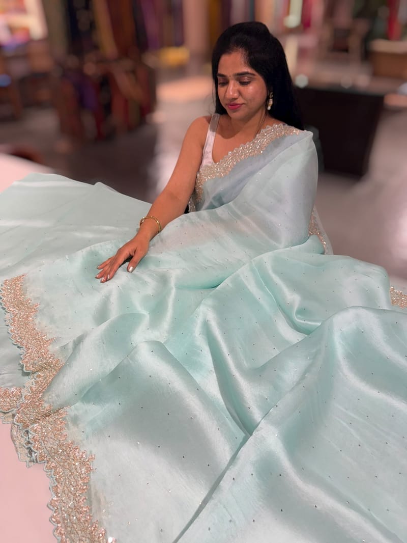 Mint Blue Pure Organza Handwork Saree with heavy Designer Blouse SS50254