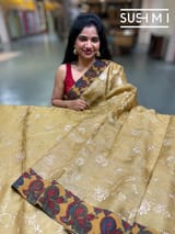 Light mustard Silk kota and pen kalamkari fusion saree with pita emb