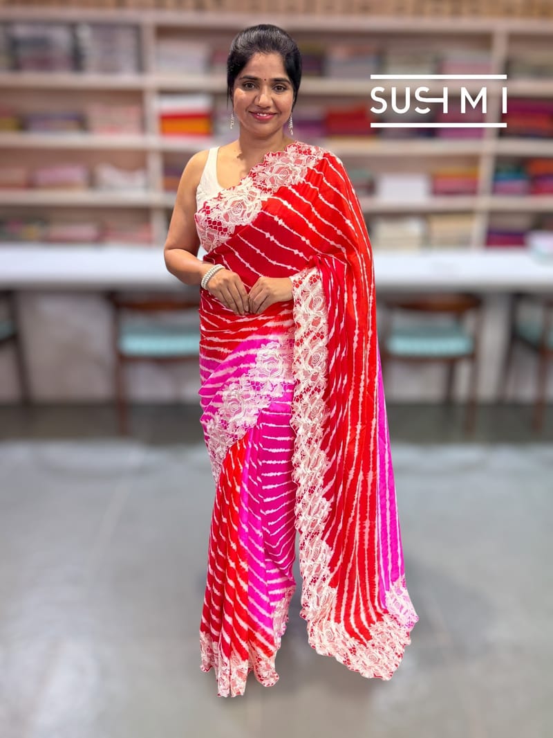 Orange and Pink Ombre dyed habutai satin Silk lehariya Saree S62F063